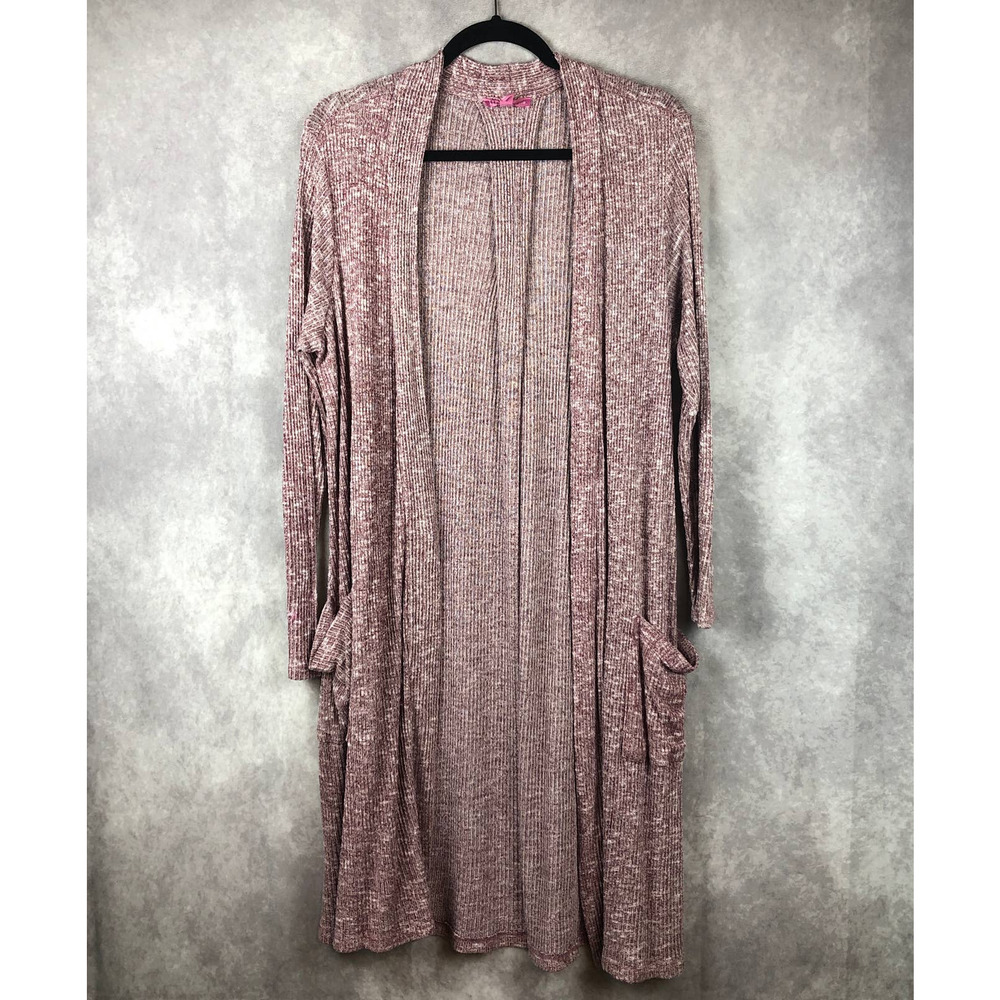 Hale Bob‎ Cardigan Sweater Womens Medium Open Long Line Duster Pockets Red Cream
